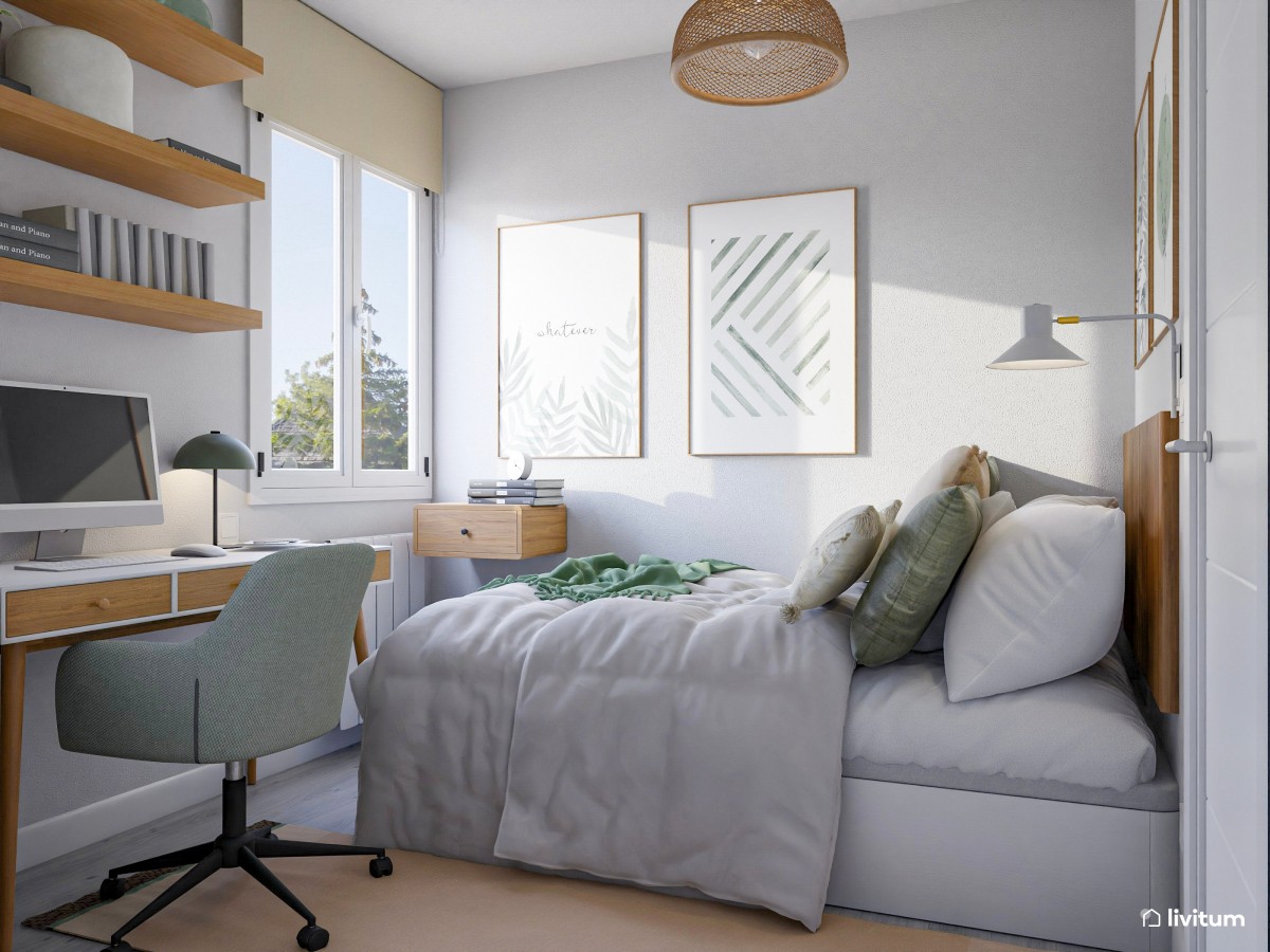 Habitaci&oacute;n peque&ntilde;a con escritorio y baldas en blanco y verde 