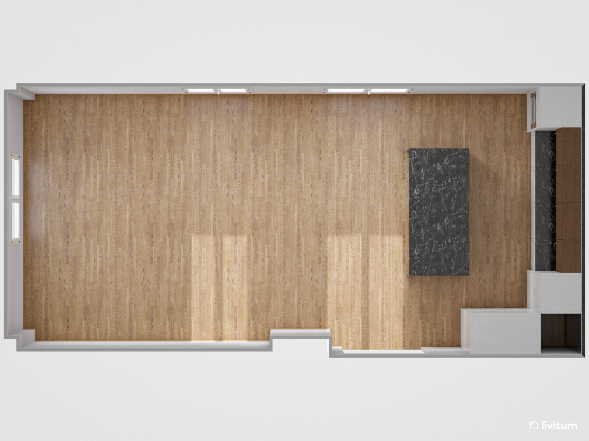 Plano en 3D del salón comedor con cocina abierta