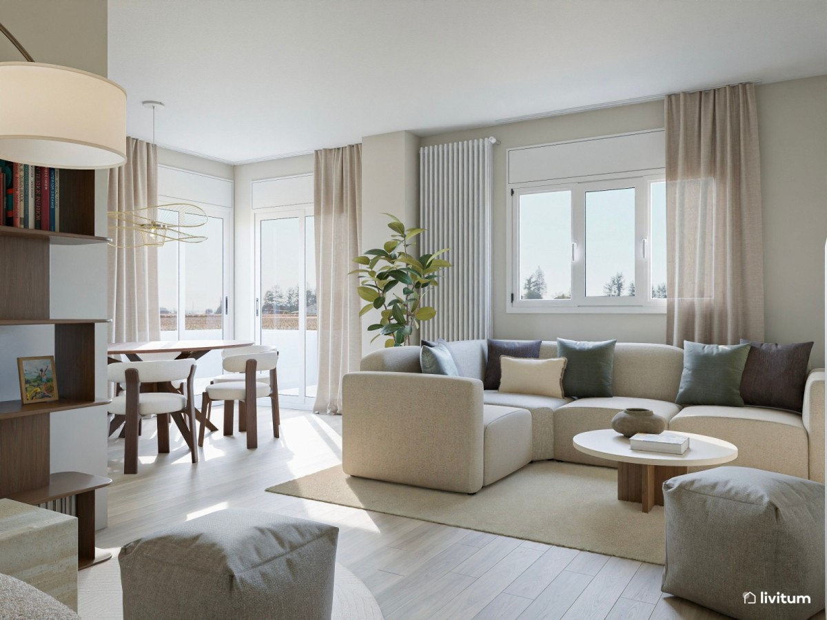 sal&oacute;n comedor en tonos claros y detalles en madera oscura, sof&aacute; en L y mesa de centro