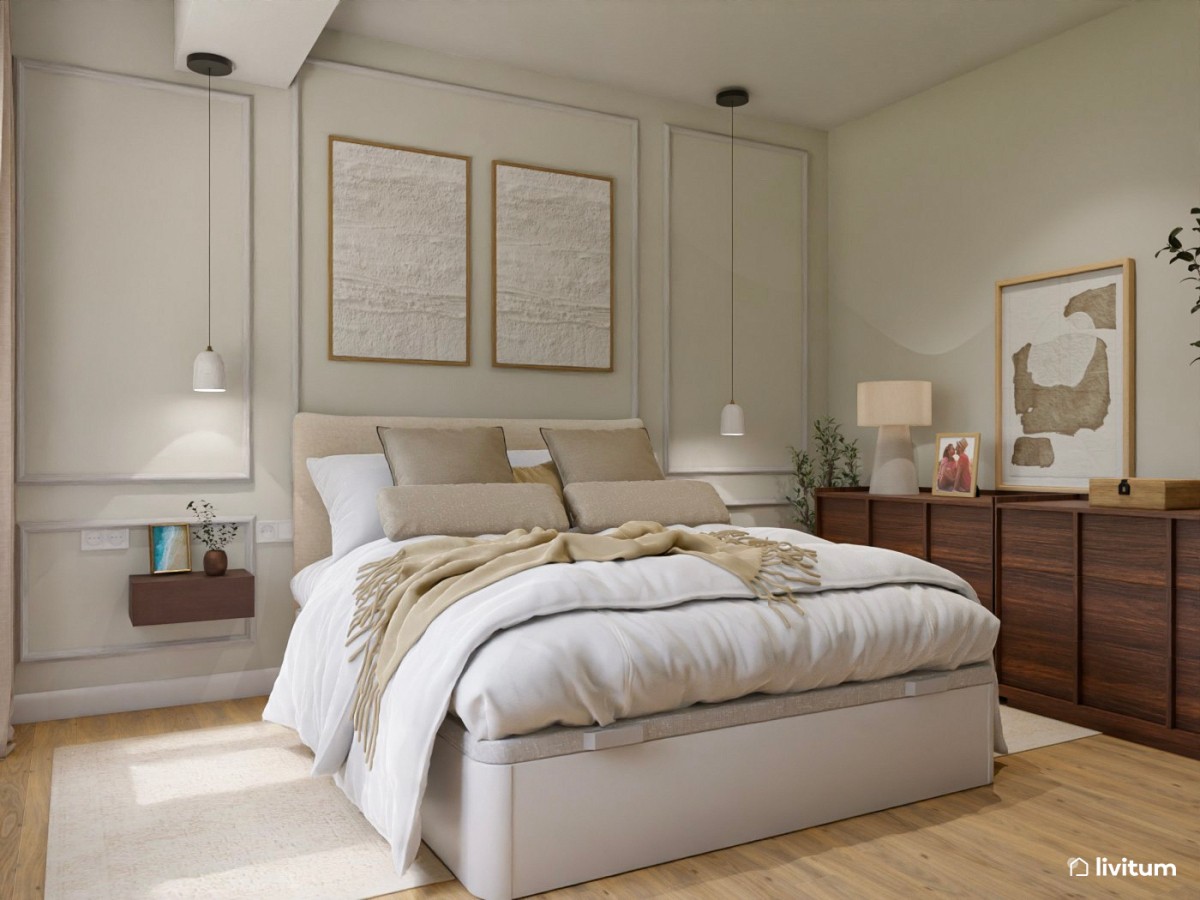 dormitorio en tonos neutros, cama de matrimonio y c&oacute;moda en madera oscura