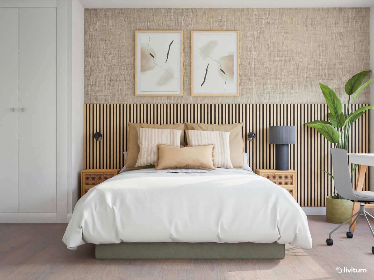 dormitorio con listones de madera, cama de matrimonio y cuadros grandes