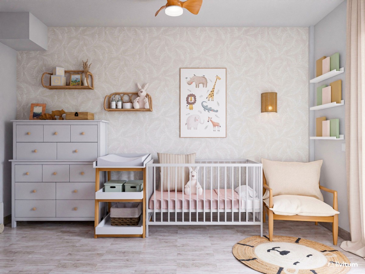 habitaci&oacute;n infantil con papel pintado, cuna blanca y muebles de almacenamiento