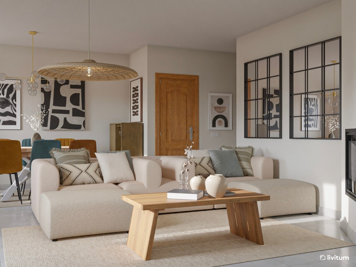 Sofa grande con tonos beige y mesa de centro color madera