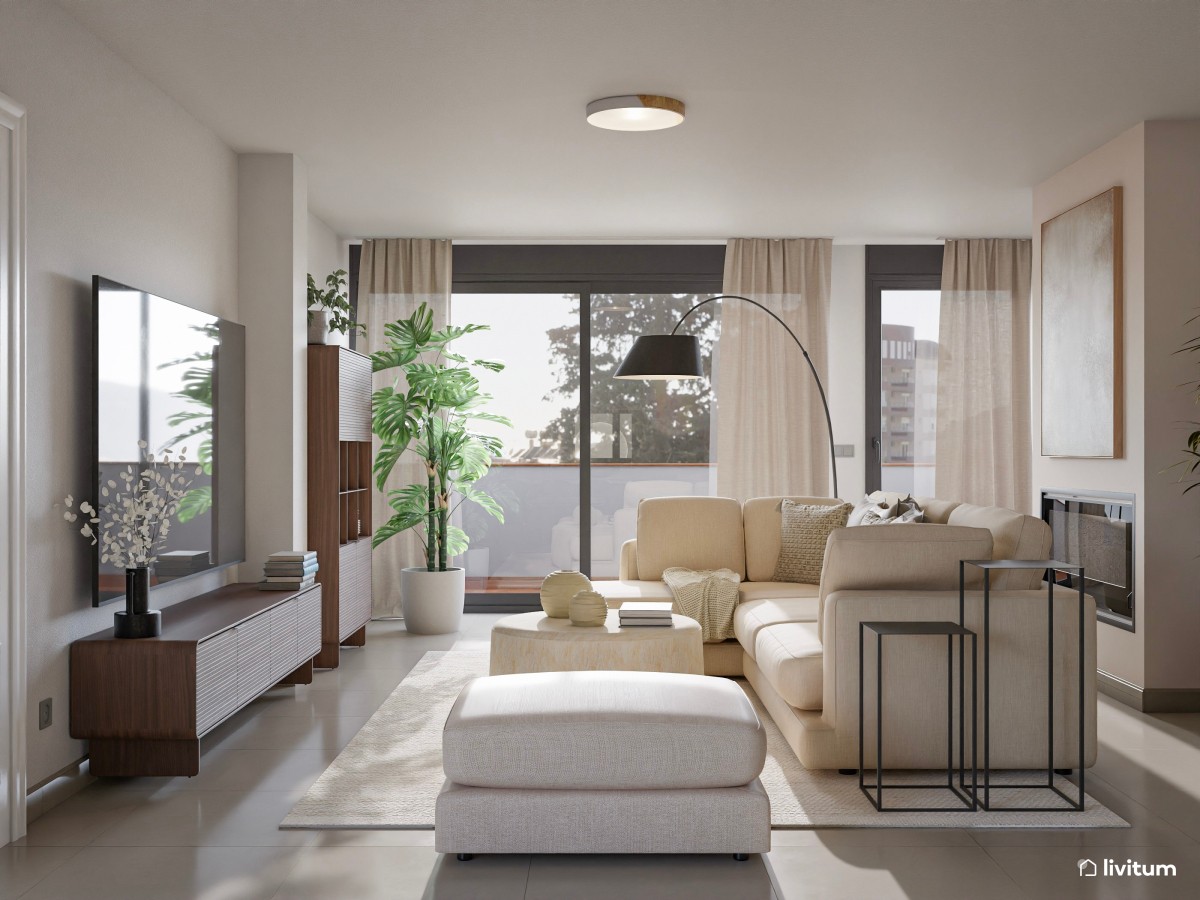 salón en tonos claros, sofá en L, puff y mesa de centro