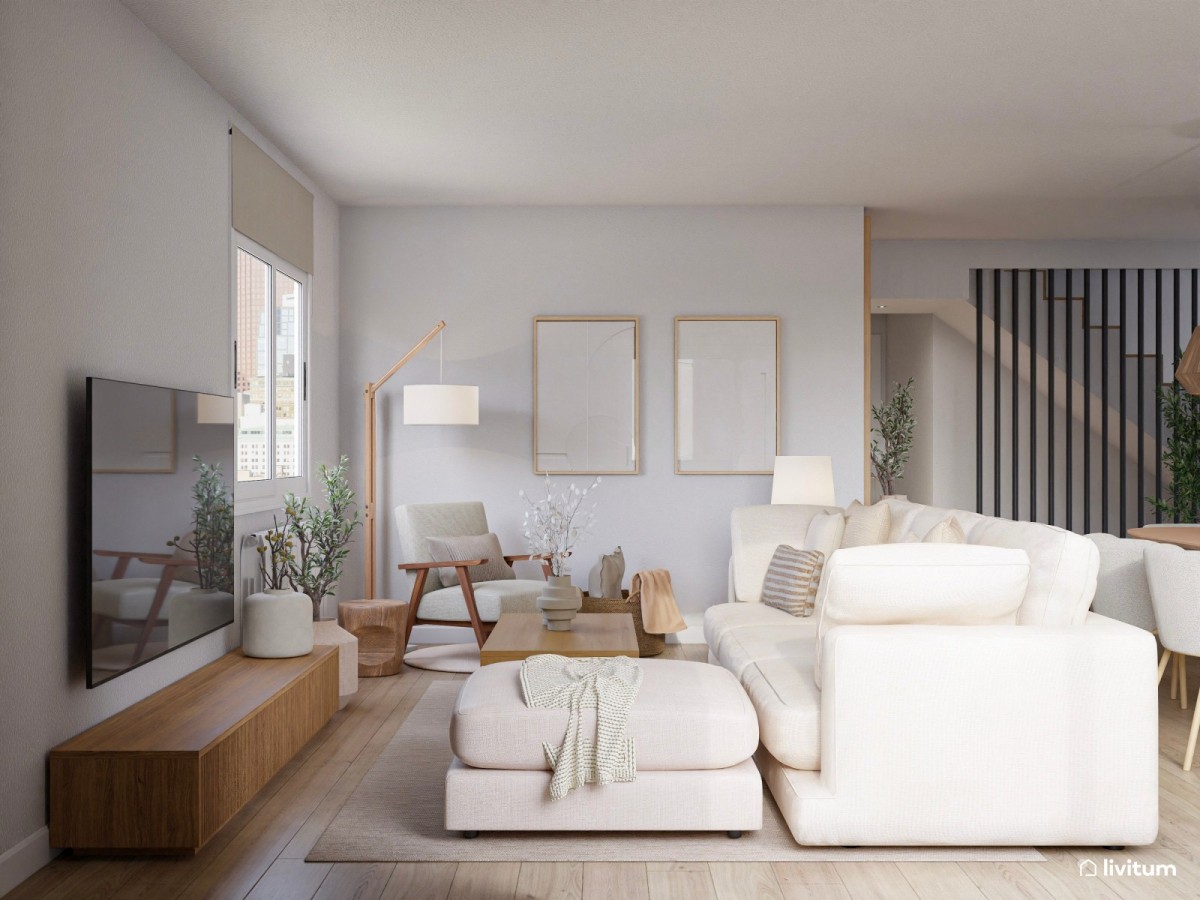 sal&oacute;n en tonos neutros, sof&aacute; en L y mesa de centro