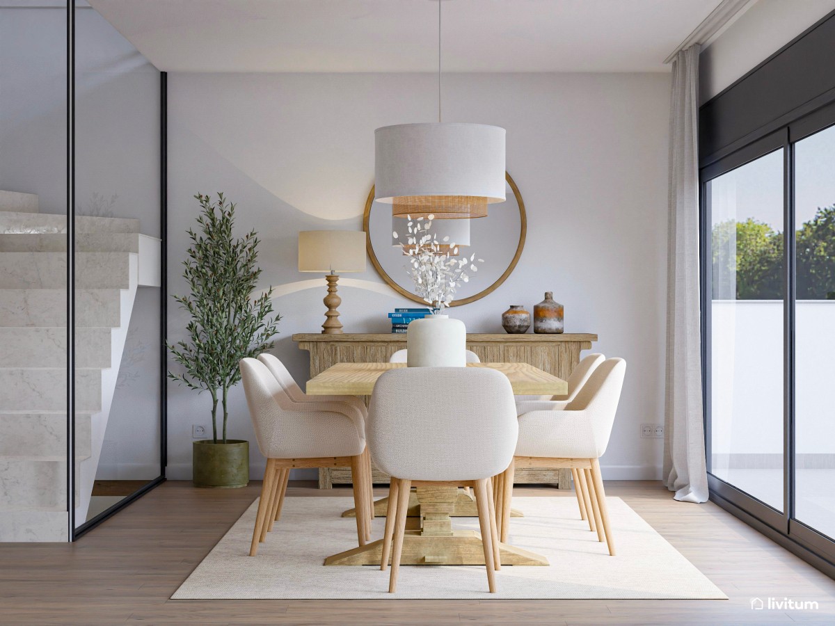 Combinaci&oacute;n de elementos decorativos a escala en la pared de un comedor