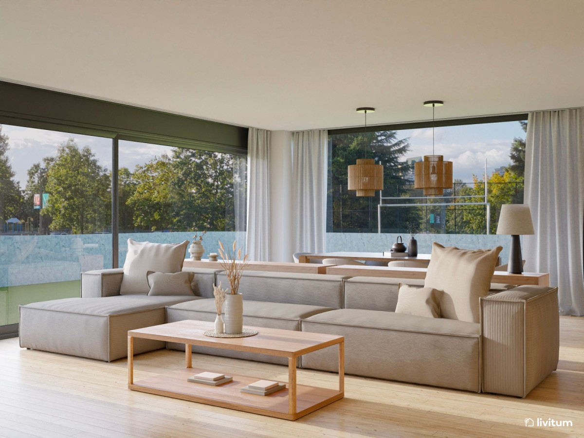 salón comedor en tonos madera, mesa de comedor alargada y sofá en L con mesa de centro de madera