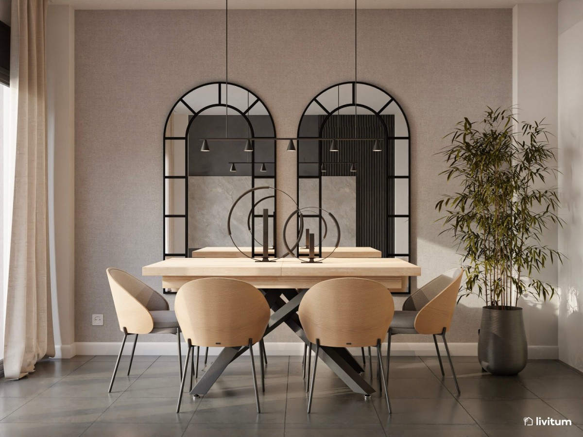 comedor en tonos madera, espejos con bordes negros y mesa de comedor de madera