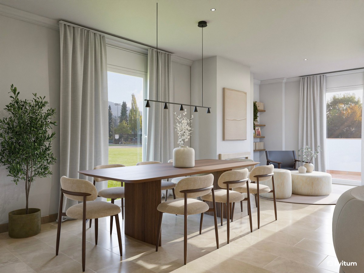 comedor con sillas modernas y tapizado beige 