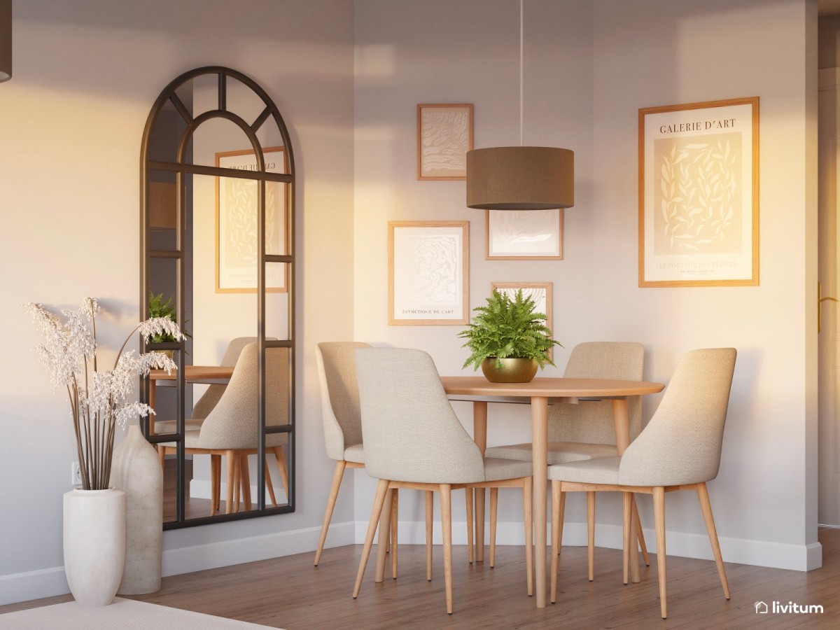 comedor en tonos neutros, cuadros colgados y espejo vertical