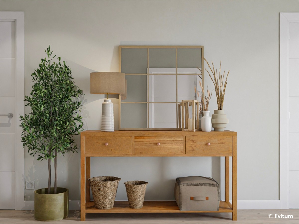 recibidor en tonos madera con planta