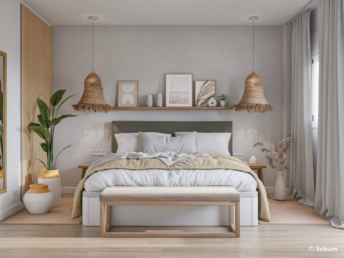 dormitorio con cama de matimonio, lamparas colgantes y cuadros decorativos
