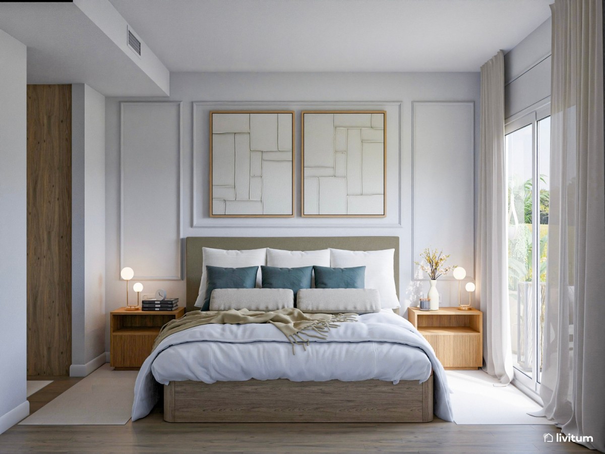 dormitorio con molduras, cama de matrimonio y mesas de noche de madera