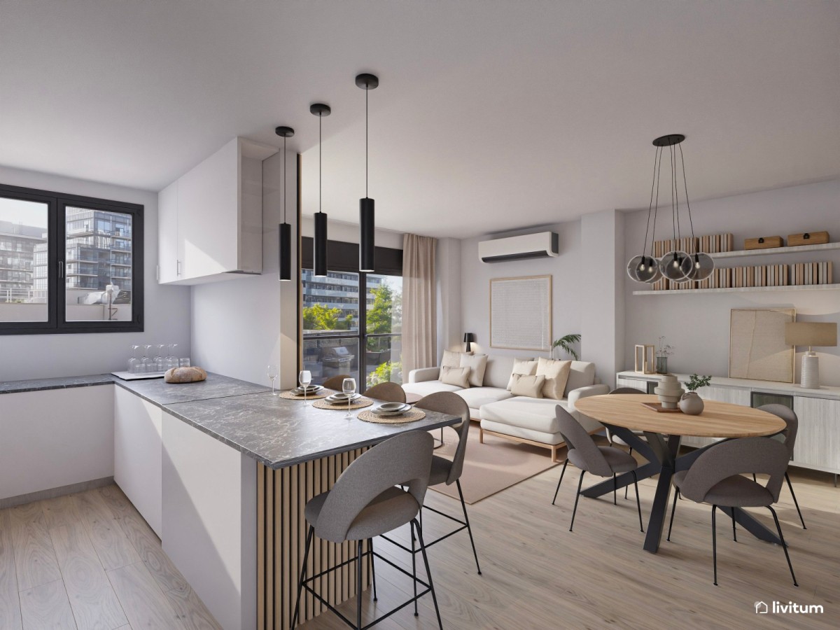 sal&oacute;n comedor con cocina abierta, sof&aacute; en L y mesa de comedor circular
