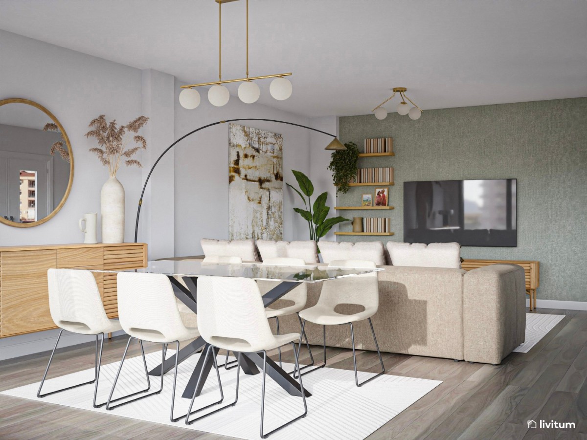 sal&oacute;n comedor en tonos claros y punto focal verde