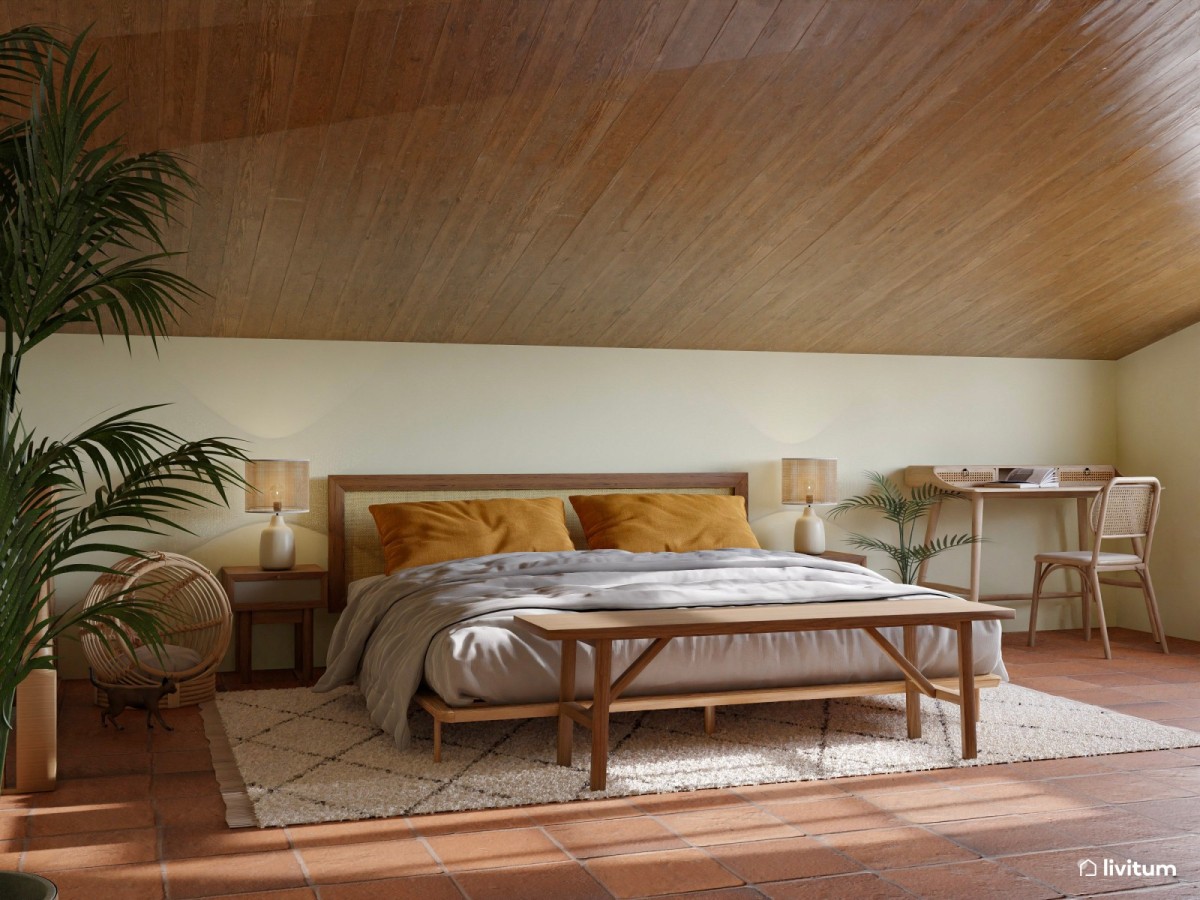 Dormitorio en tonos marr&oacute;n oscuro, cama de matrimonio y mesa de estudio