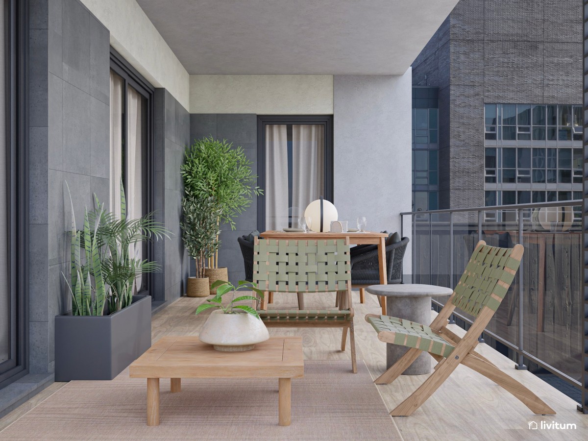 terraza en tonos oscuros, espacio de descanso con sillas verdes y mesa de comedor