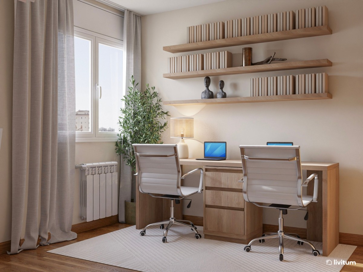 estudio doble con mesa de madera y sillas ergon&oacute;micas