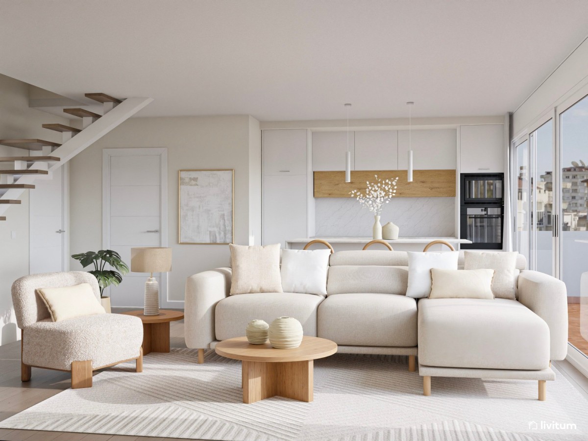 sal&oacute;n con cocina integrada, sof&aacute; en L y sill&oacute;n