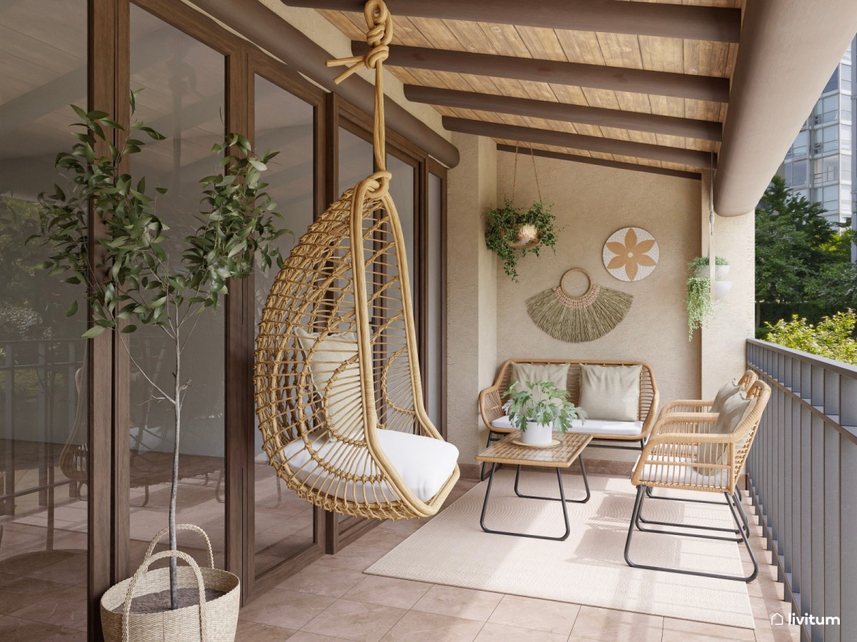 terraza en tonos madera, sof&aacute;s y plantas colgantes