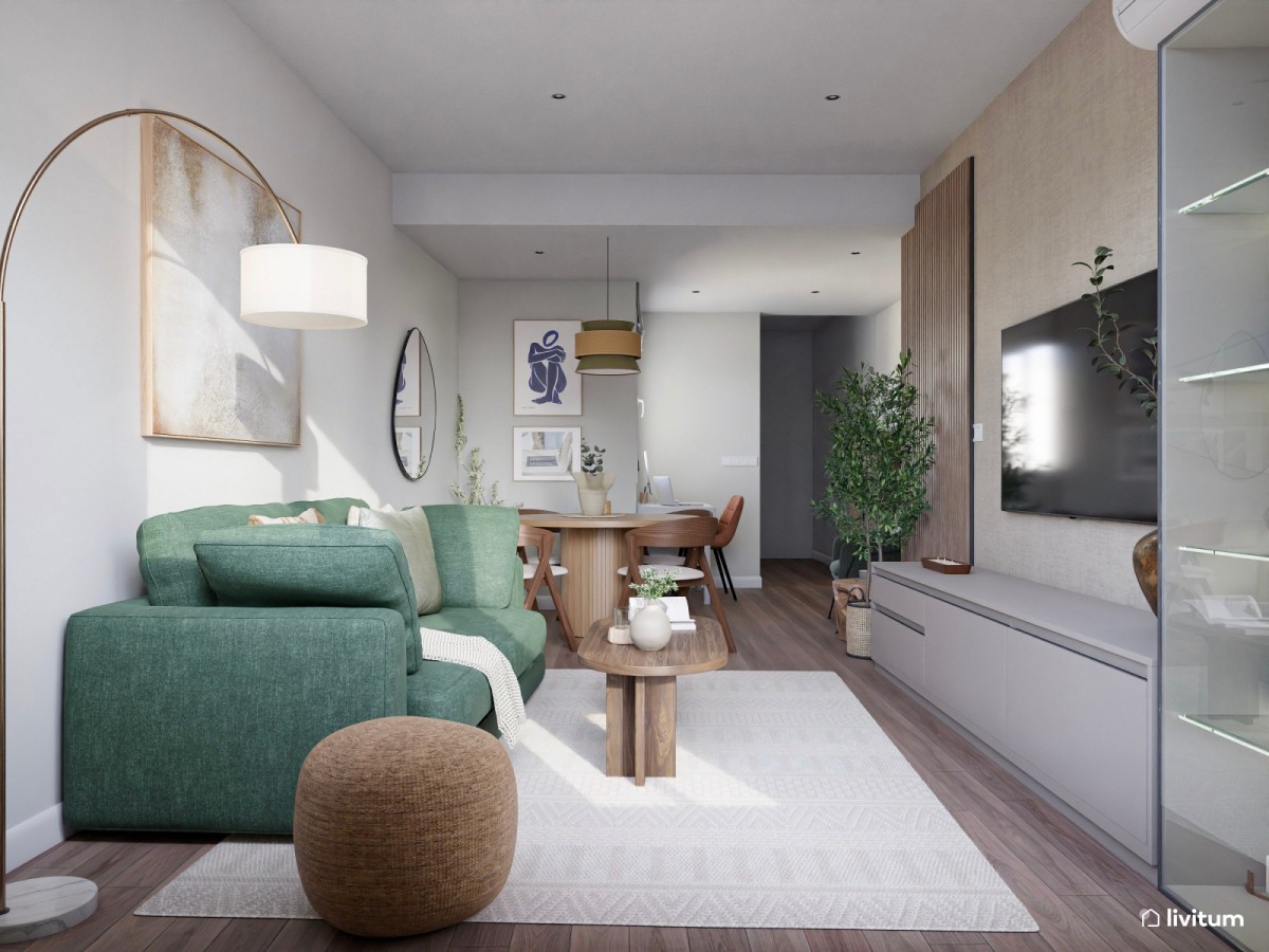 sal&oacute;n comedor con madera oscura y verde, mesa redonda y sof&aacute;  peque&ntilde;o