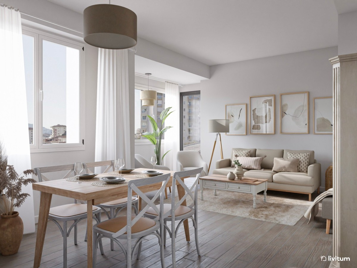 sal&oacute;n comedor en tonos madera y blancos con mesa rectangular