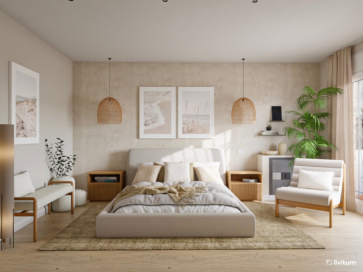 dormitorio en tonos arena, cama doble y mesas de noche de madera