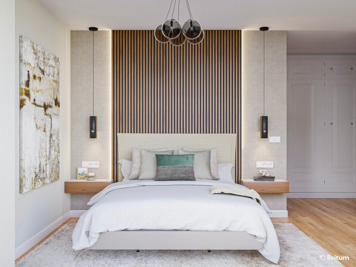 dormitorio en tonos neutros y listones de madera, cama de matrimonio y l&aacute;mparas colgantes