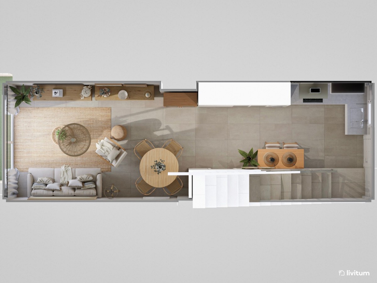 sal&oacute;n peque&ntilde;o en tonos claros, sof&aacute; y mesa de centro