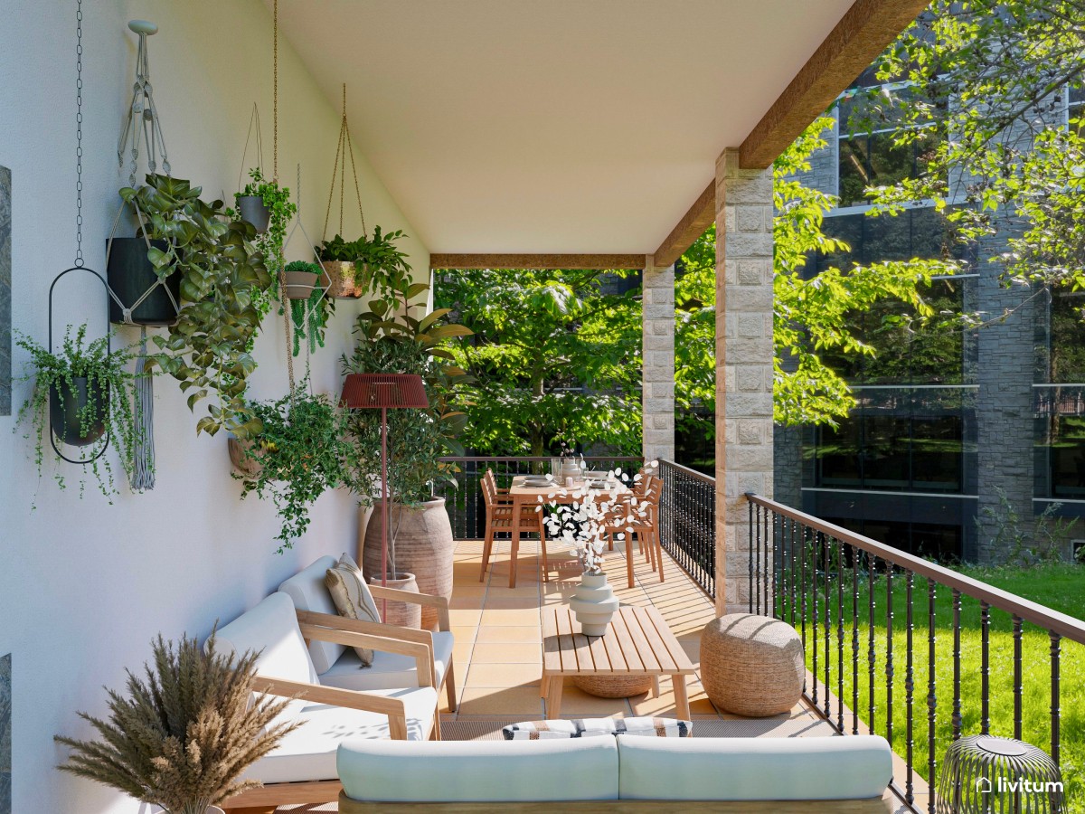 terraza con zona chill-out y mesa de comedor alargada