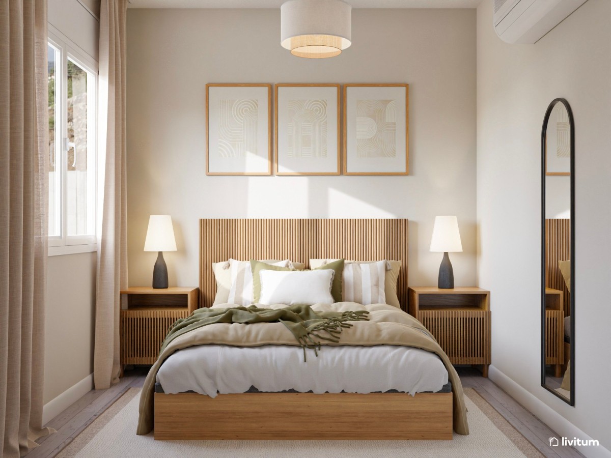 dormitorio en tonos madera, cama de matrimonio y mesas de noche en madera