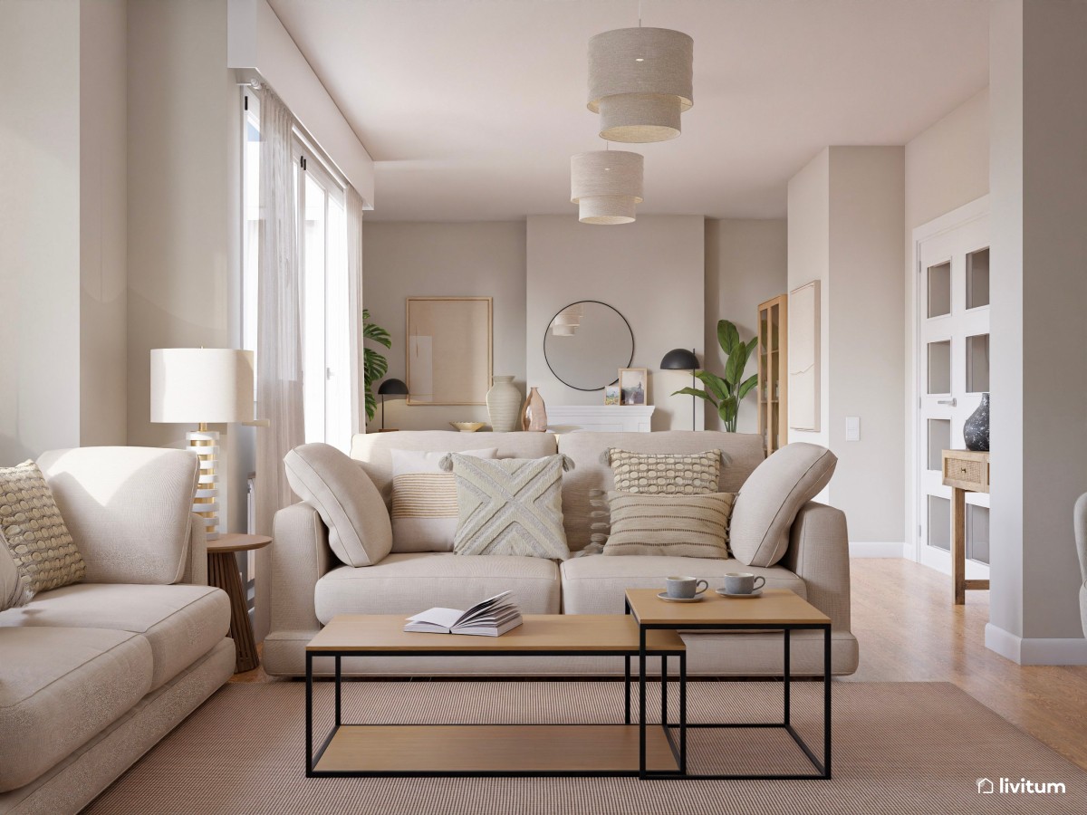 sal&oacute;n en tonos claros, sof&aacute;s en L y mesa de centro de madera
