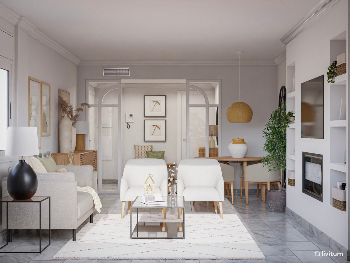 sal&oacute;n comedor en tonos claros, sof&aacute;, sillones y mesa de comedor de madera