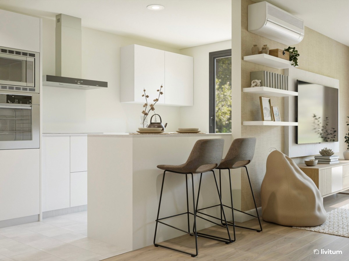 sal&oacute;n con cocina abierta en tonos claros y taburetes en tono marr&oacute;n
