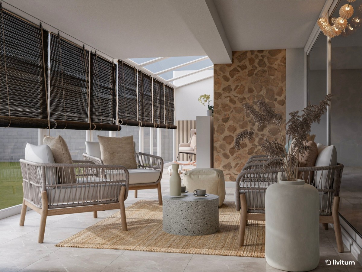 terraza con sof&aacute;s en madera y alfombra