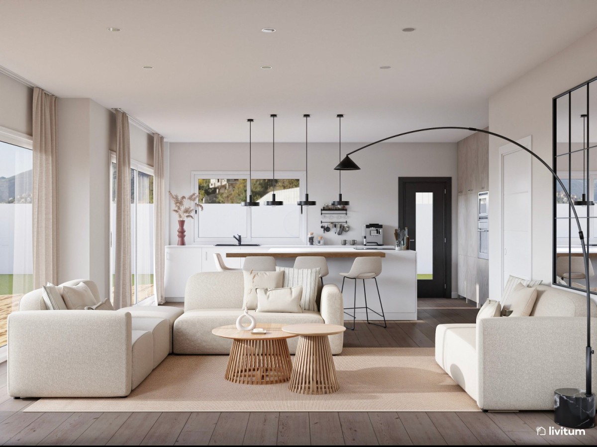 sal&oacute;n con cocina integrada, sof&aacute;s y mesas de centro de madera