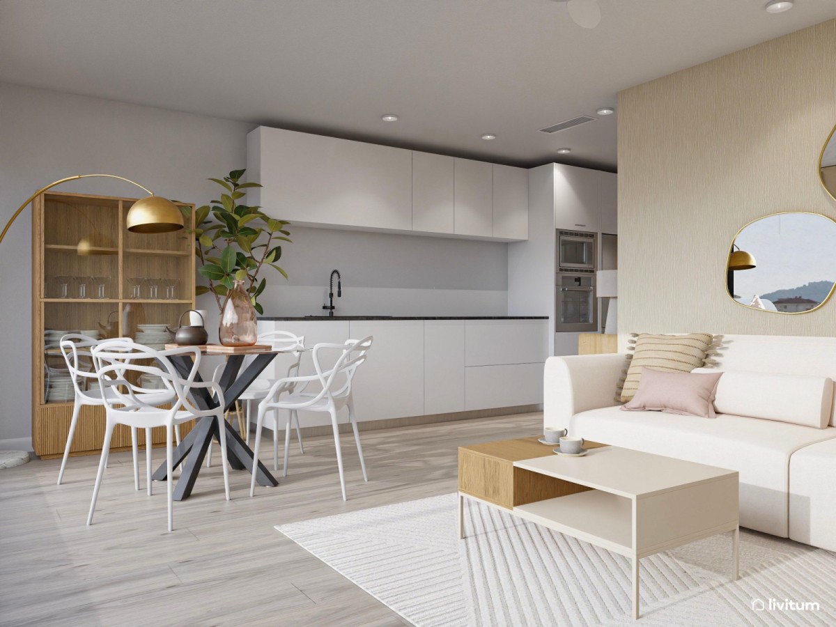 sal&oacute;n comedor con cocina abierta en tonos claros y madera