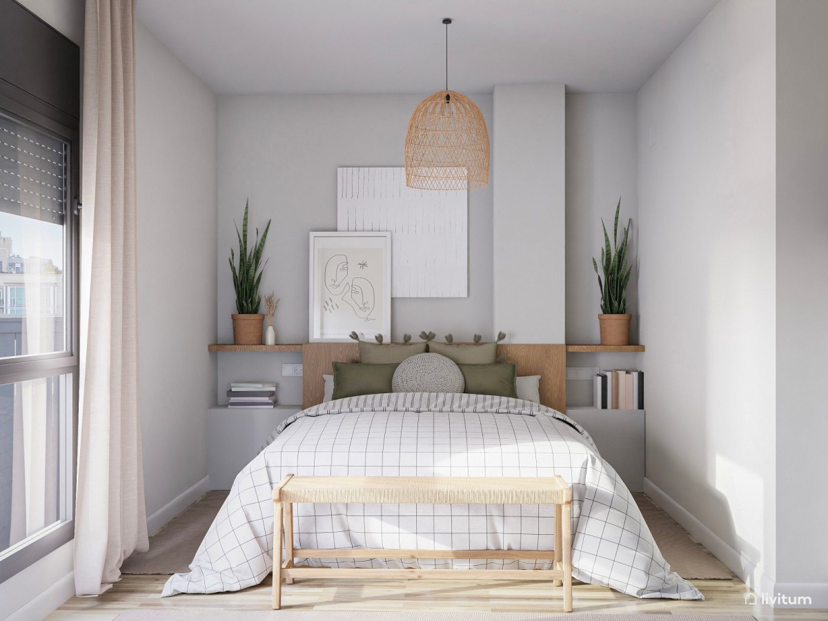 dormitorio en tonos grises, cama de matrimonio y banco de madera