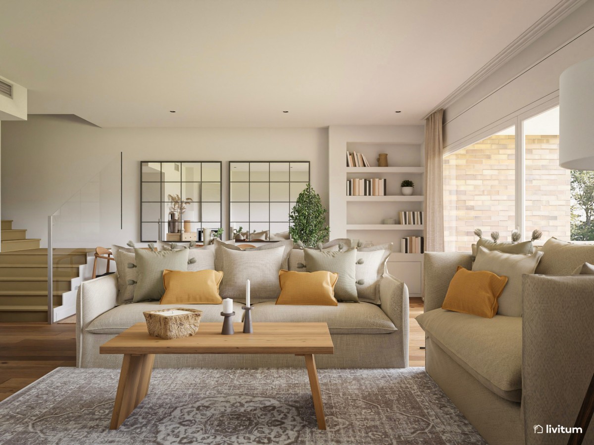 Sal&oacute;n con sof&aacute; en tonos tierra y mesa de centro