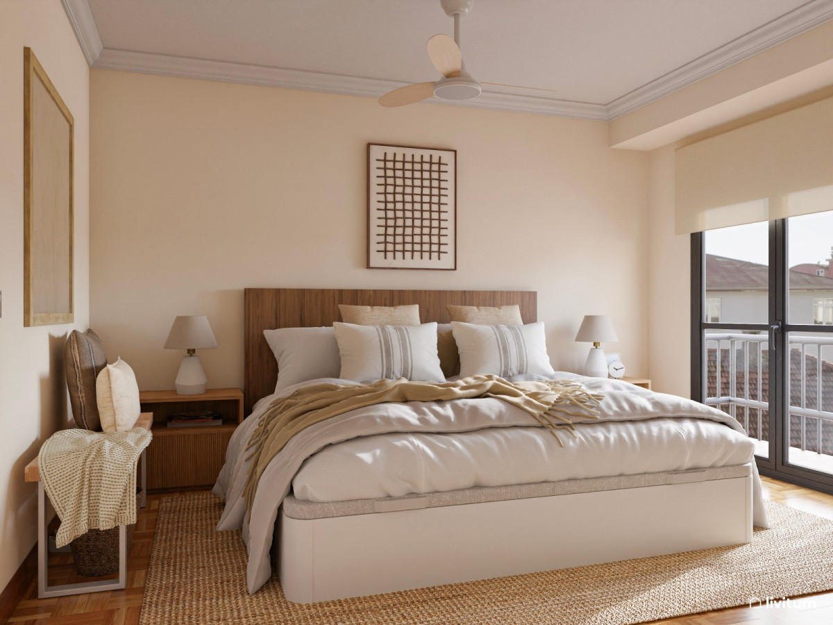 dormitorio en tonos madera, cama de matrimonio y mesas de noche