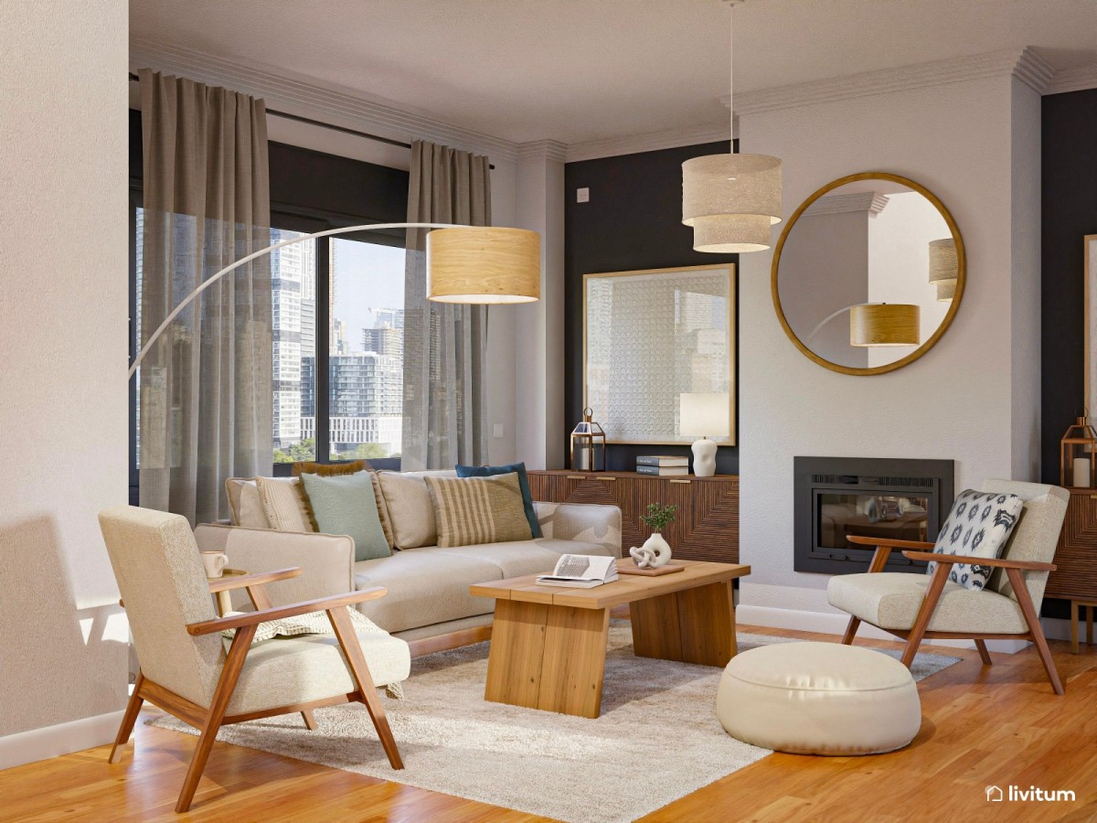 sal&oacute;n en tonos madera, sof&aacute;, sillones y mesa de centro