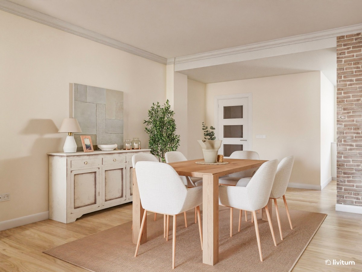 comedor en tonos neutros, mesa de madera rectangular con sillas blancas