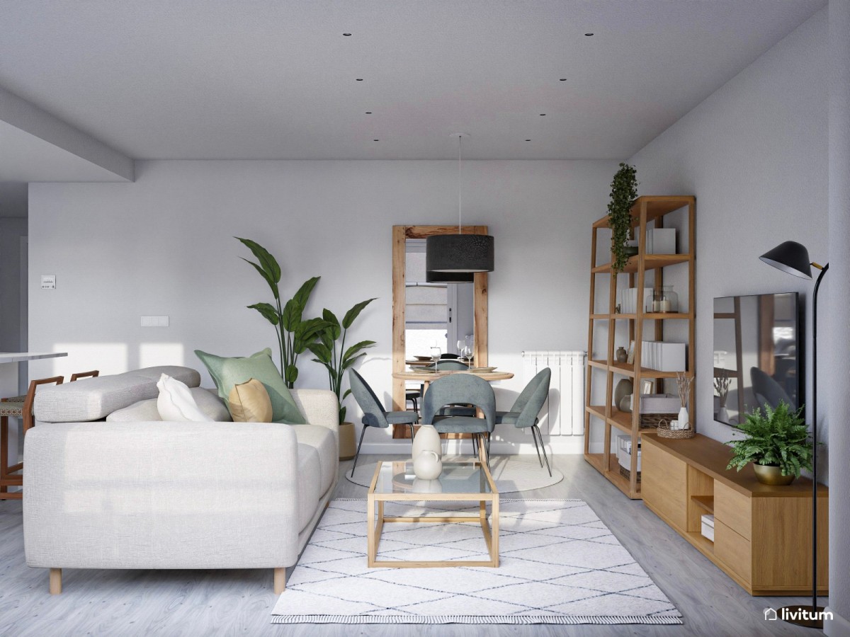 sal&oacute;n comedor en tonos madera y verde, con plantas