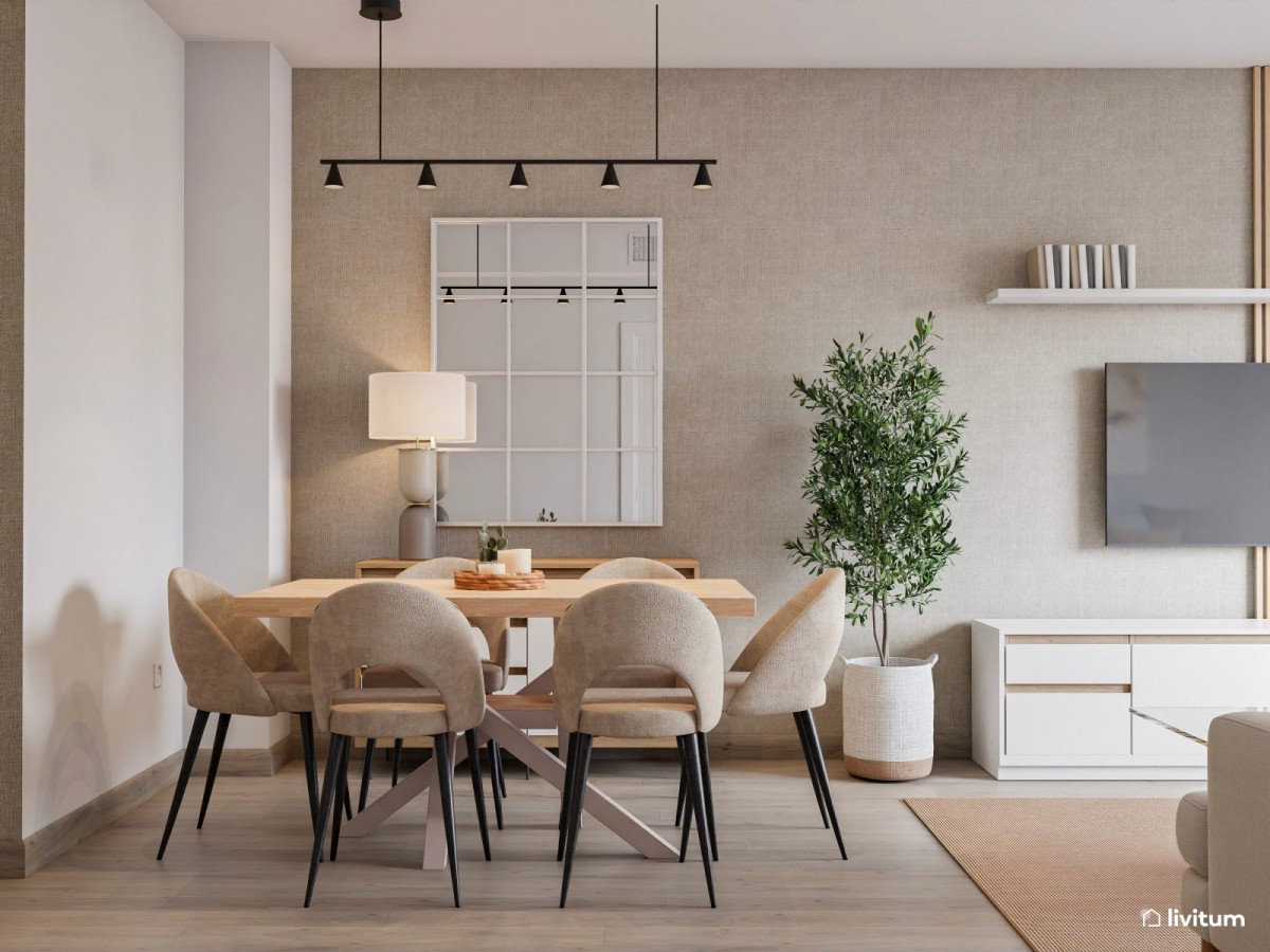 Comedor en tonos grises y mesa alargada en madera