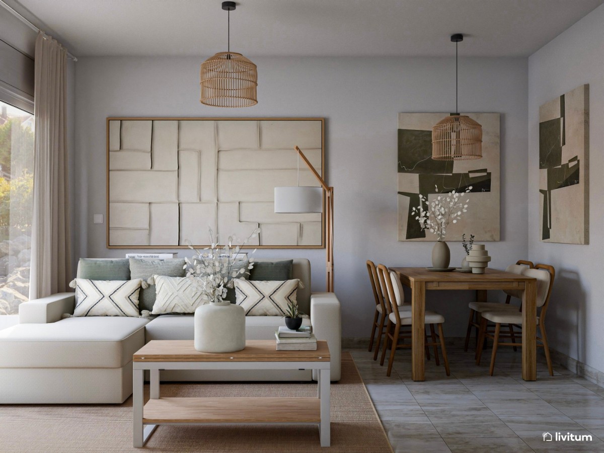 sal&oacute;n comedor con sof&aacute; en L, mesa de centro y mesa de comedor rectangular
