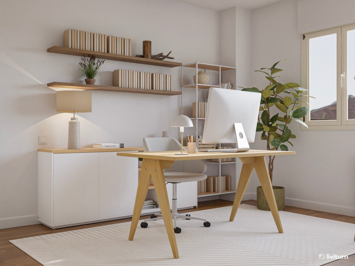 despacho en tonos claros, mesa de madera y estanter&iacute;as de almacenaje