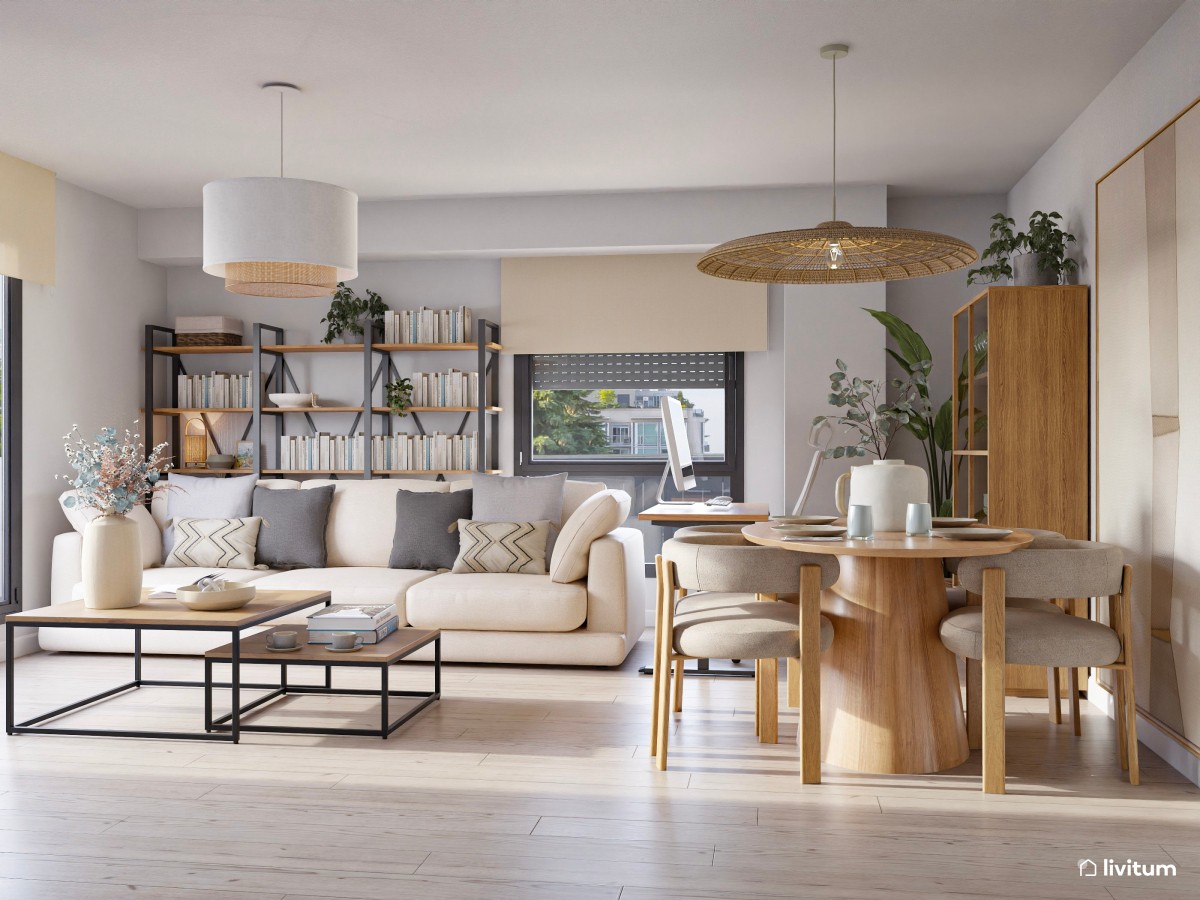 sal&oacute;n comedor peque&ntilde;o con estanter&iacute;a, y mesa de comedor ovalada 