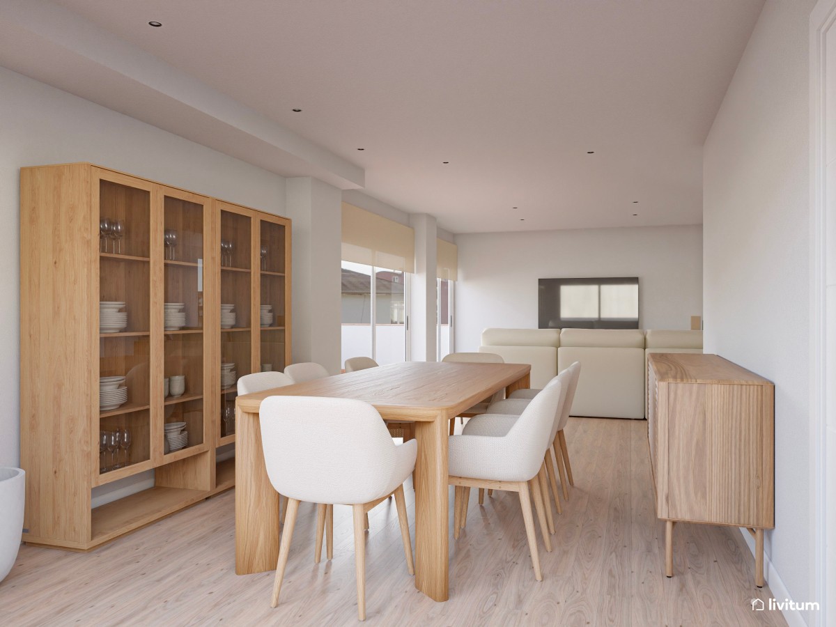 salón comedor en tonos madera vacío