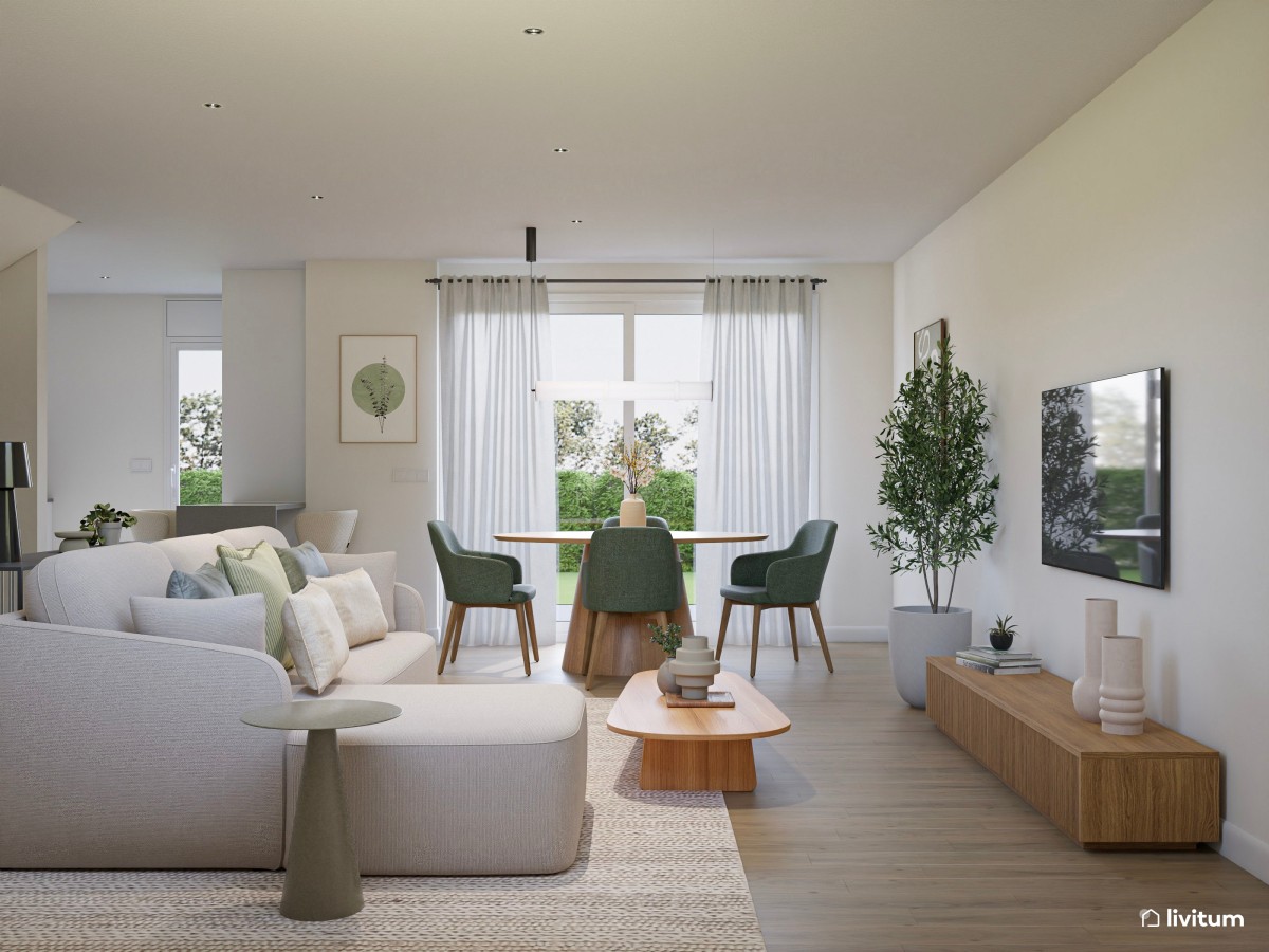 salón comedor con cocina integrada en tonos claros y madera