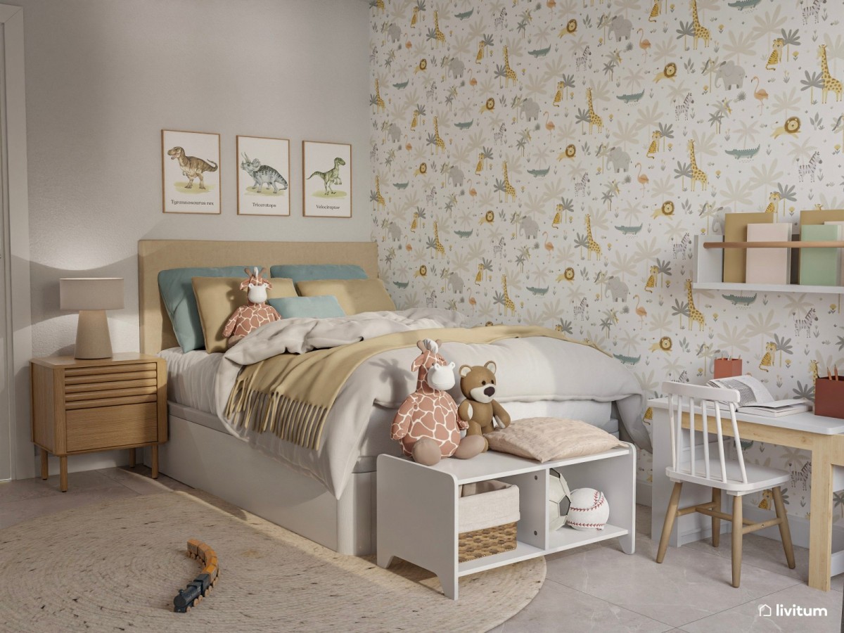 dormitorio infantil con cama doble, papel pintado y mesa de juegos